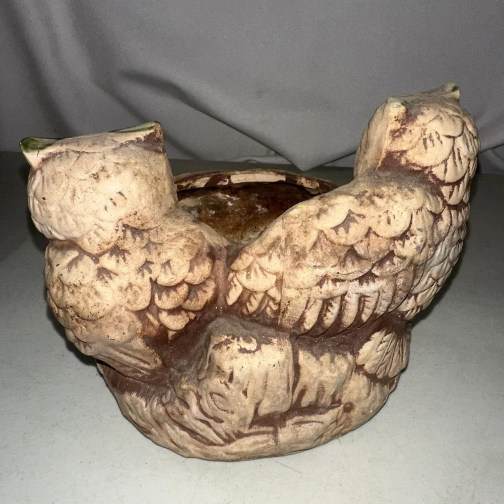 Vintage 70s Ceramic Owl Family Planter Mat Bisque Boho Decor